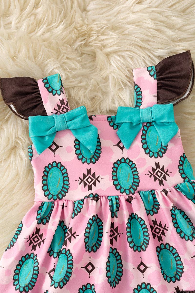 Aztec & concho printed on pink baby bodysuit. RPG60876 JEAN: 0-3M