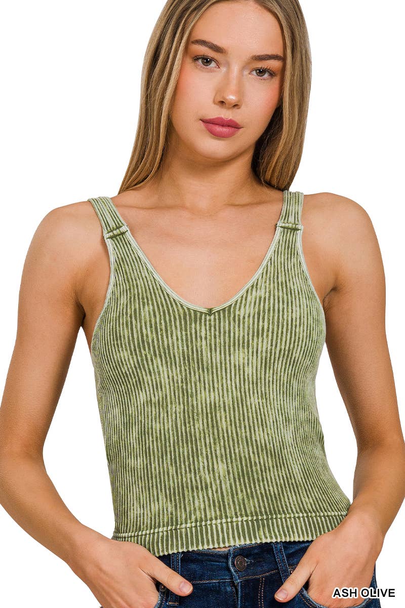 Washed Ribbed Cropped Bra Padded V-neck Tank Top: K GREEN / 3-3 (S/M-L/XL)