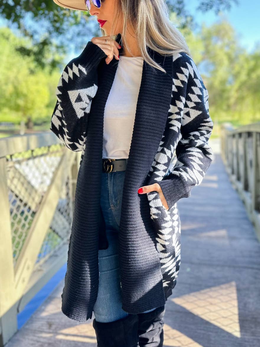 Black Aztec Printed Lightweight Cardigan with Pockets: Black / One Size