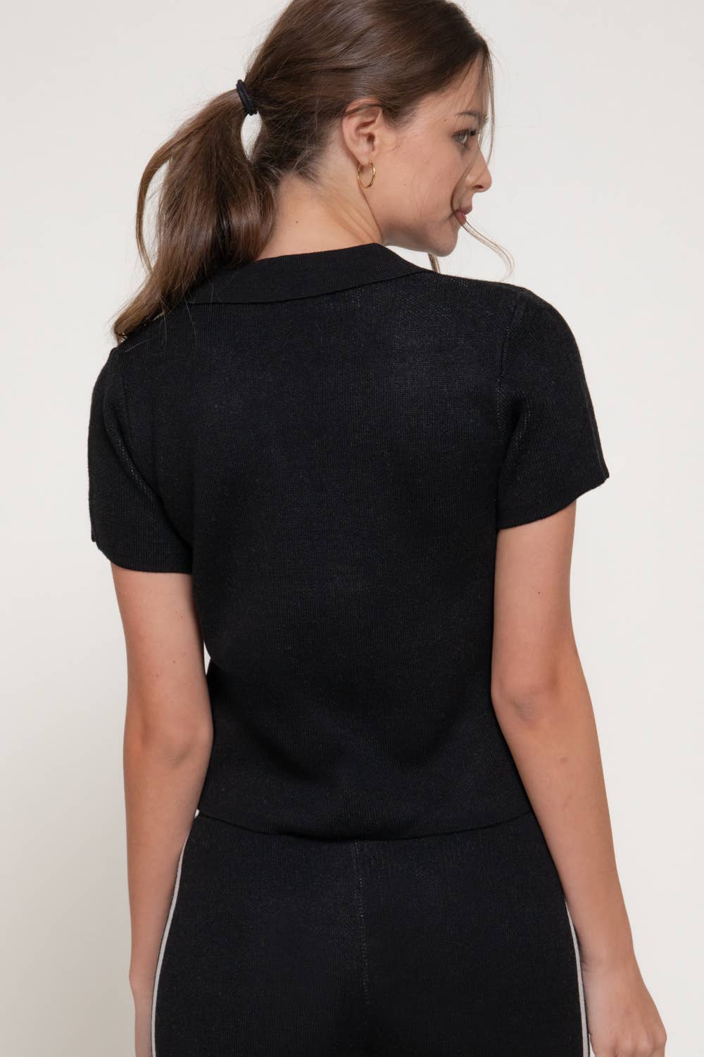 Jacquard Front Short Sleeve polo Knit Top: BLK-black/ivory / L