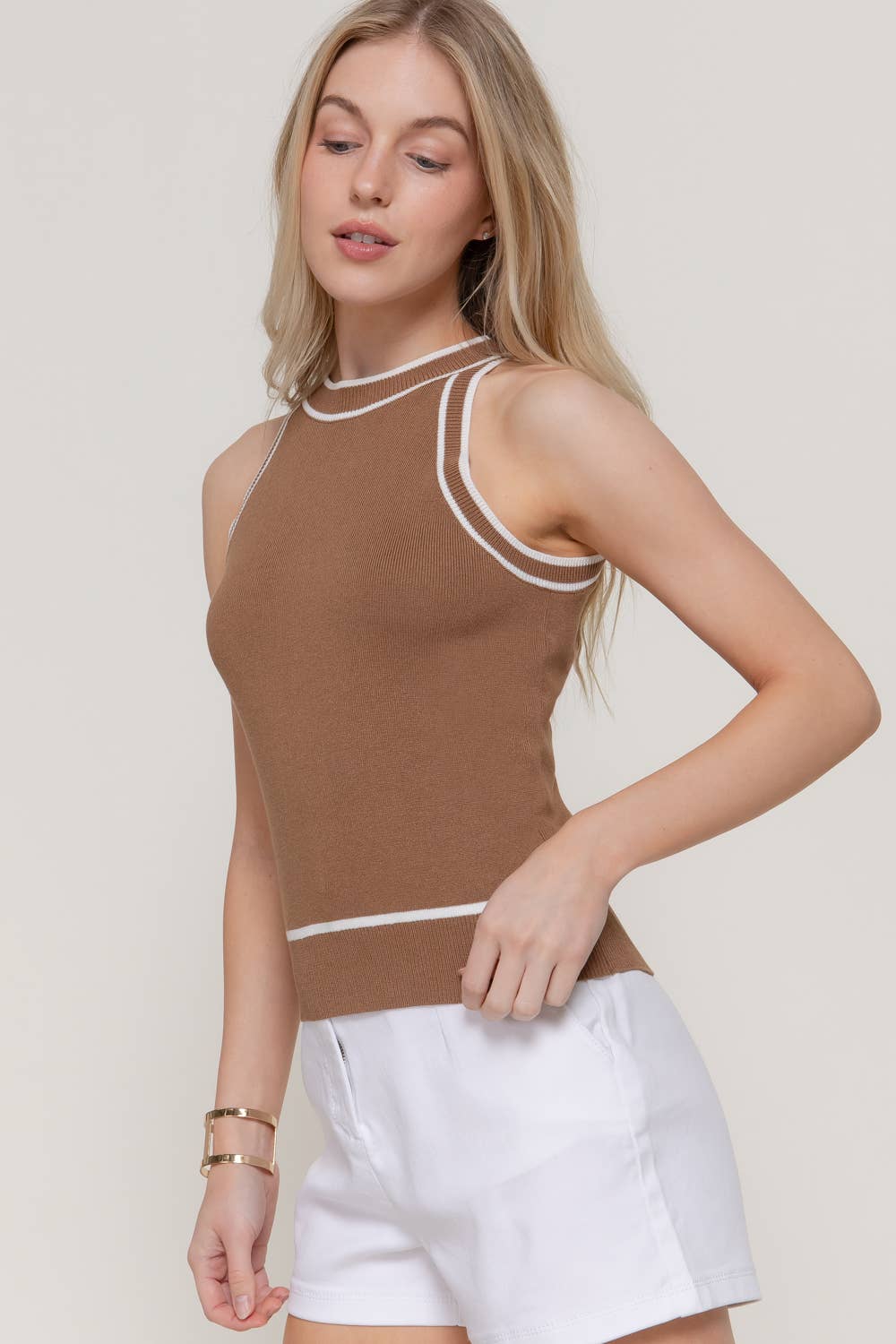 Contrast Stripe Halter Neck Spring Sweater: TEL-jade/white / S