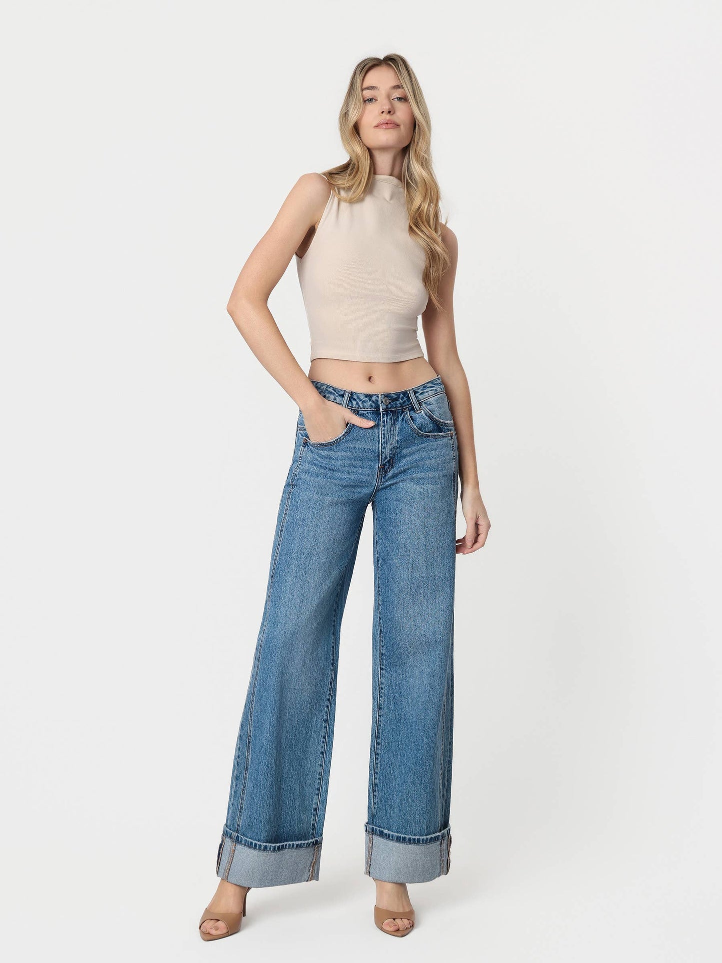 HIGH RISE CUFFED PANEL BAGGY WIDE JEANS T6645: SHINE / 27