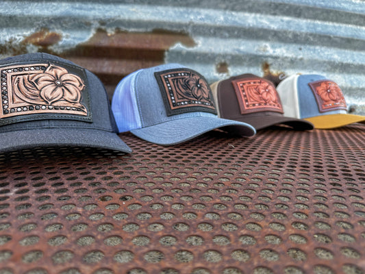 Pansy Handtooled Leather Patch Cap with Beaded Border Cowgirl Rodeo Western Cowboy: Brown/Tan