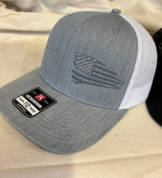 Distressed Flag Embroidered Hat: Grey/White