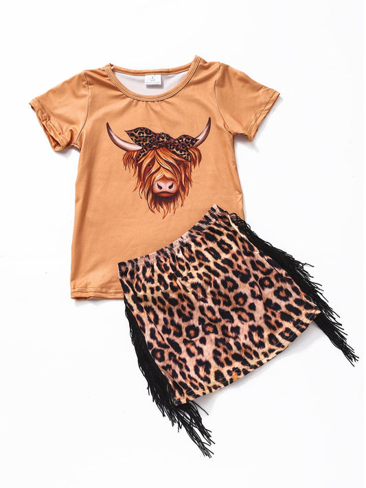 Cows Printed Cheetah Fringe Skirt 2 Pcs Set: 2T