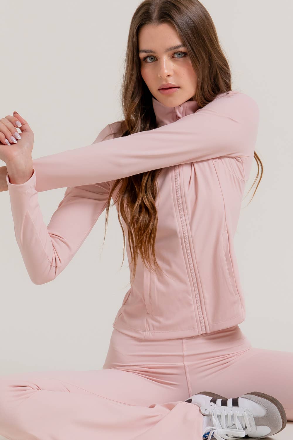 Long Sleeve Mock Neck Seam Detail Workout Jacket: GRN-jade green / S