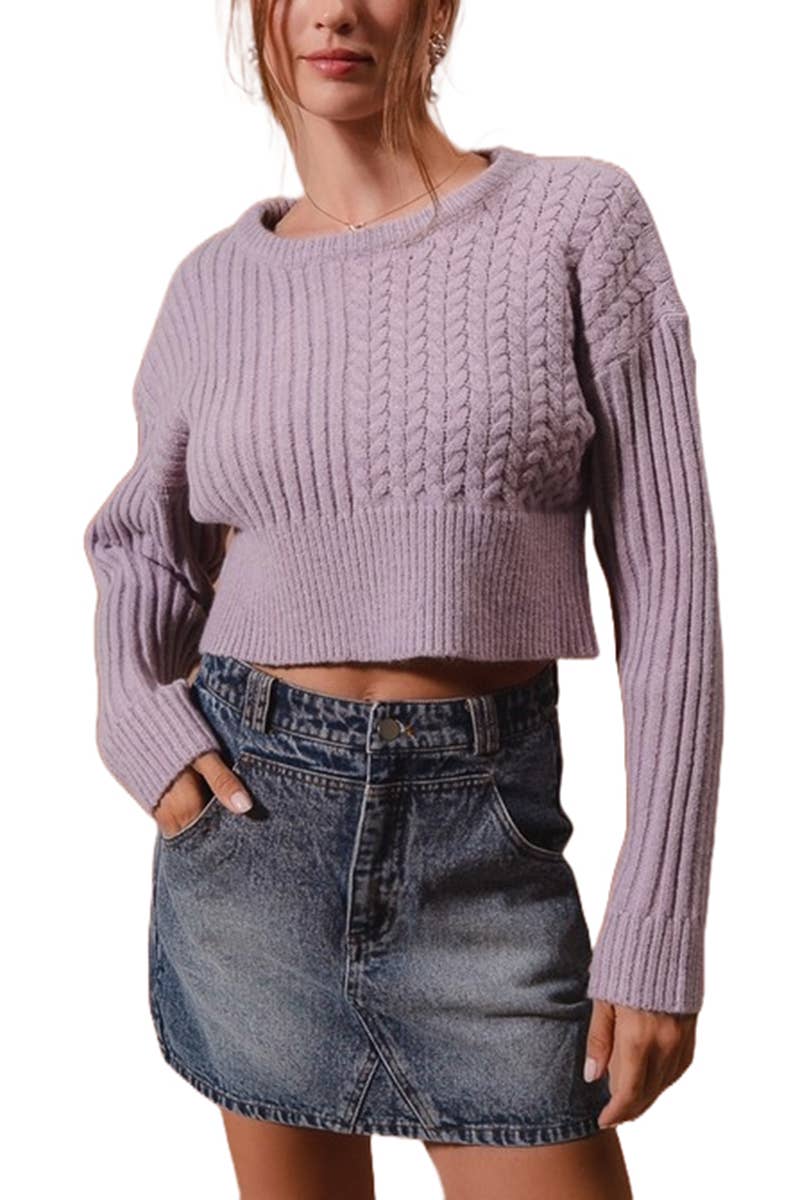 Cable Knit Crop Sweater Top: IVORY