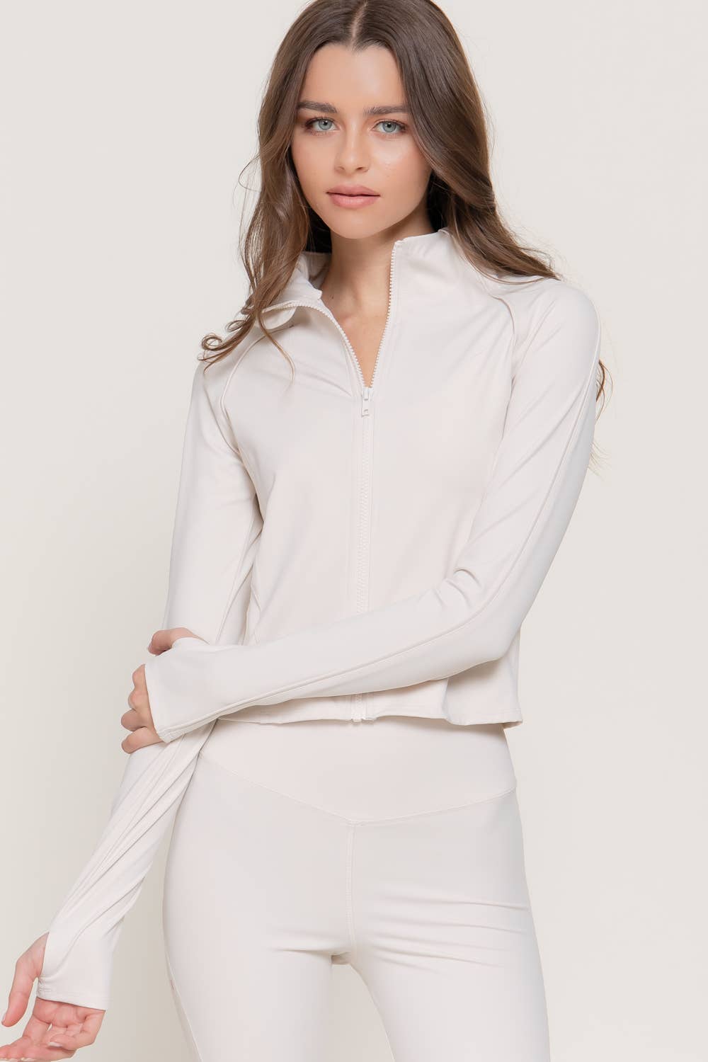 Long Sleeve Mitten Thumb Holes Zip-Up Activewear Jacket