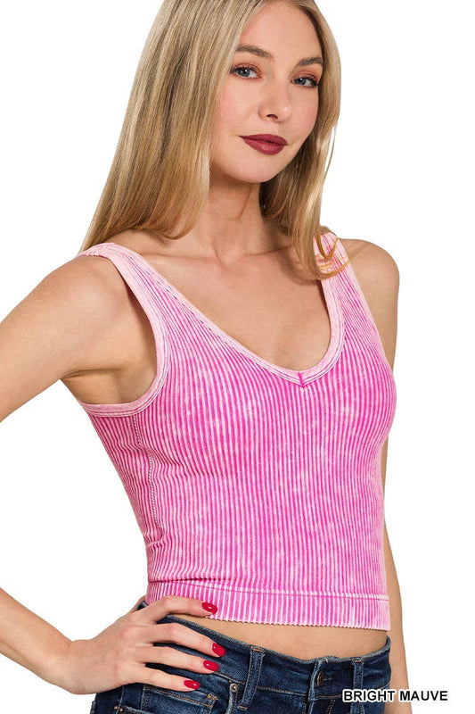 Washed Ribbed Seamless Bra Padded V-neck Tank Top: BRIGHT MAUVE