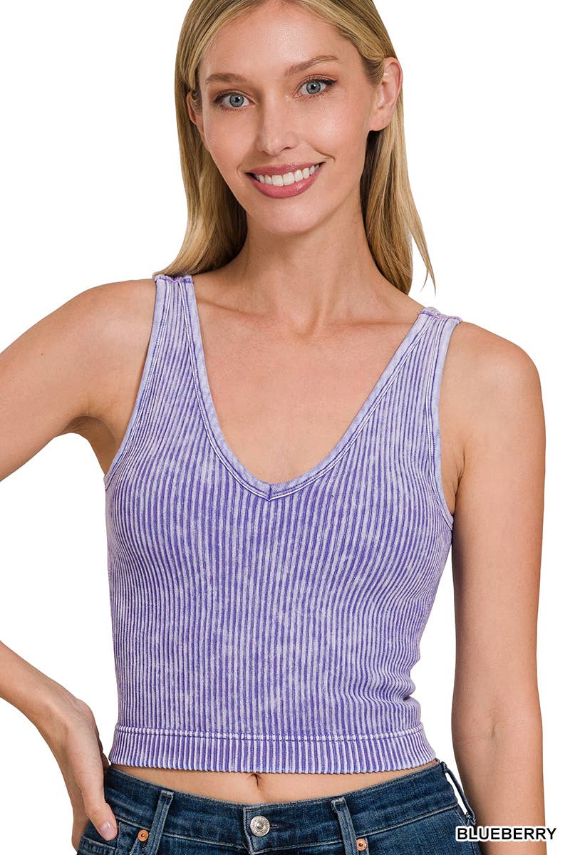 Washed Ribbed Cropped Bra Padded V-neck Tank Top: Black / 3-3 (S/M-L/XL)