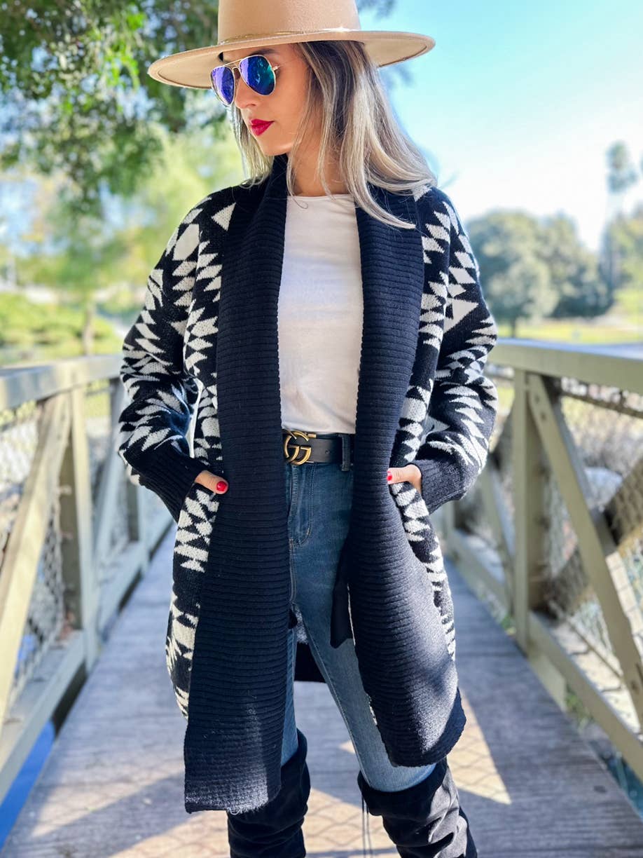 Black Aztec Printed Lightweight Cardigan with Pockets: Black / One Size