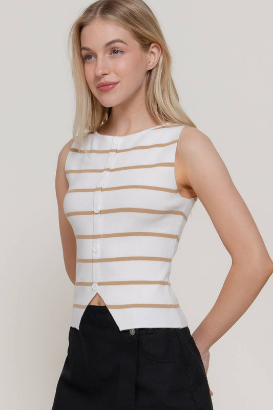 Sleeveless Boat Neck Button Split Stripe Top: KHA-white/khaki / S