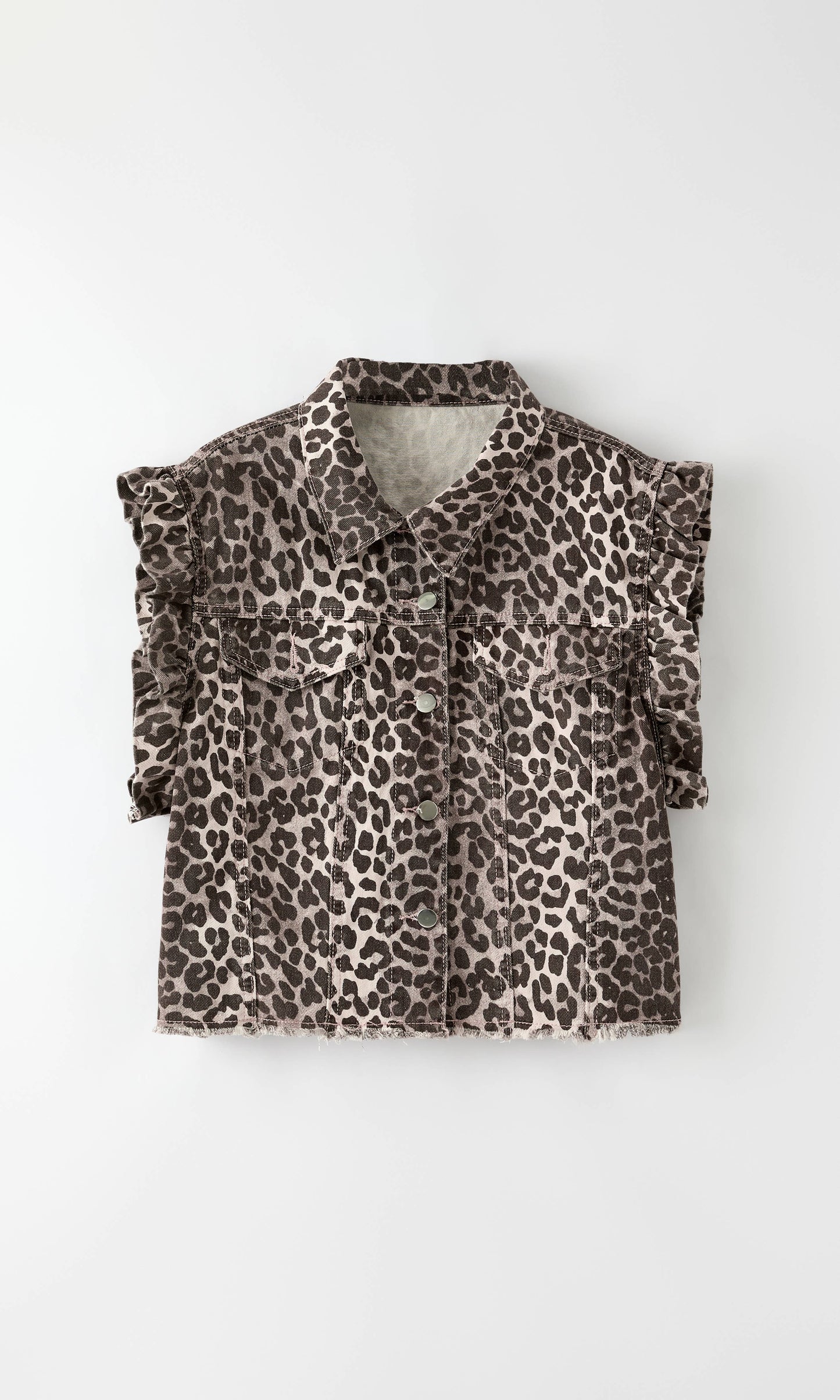 Short sleeve ruffle denim vest: Leopard / S