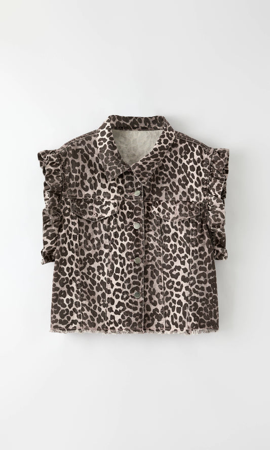 Short sleeve ruffle denim vest: Leopard / L
