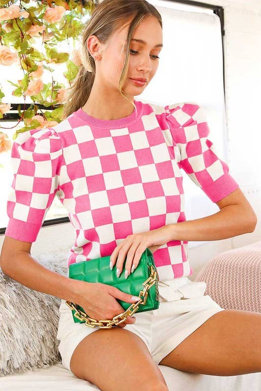 Checkerboard Crew Neck Short Puff Sleeve Sweater VT81345: Pink / L