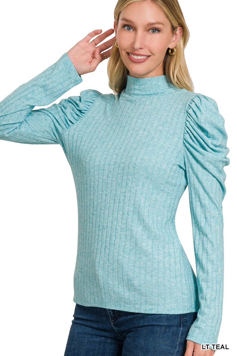 Ribbed Puff Long Sleeve Mock Neck Top: LT GREEN