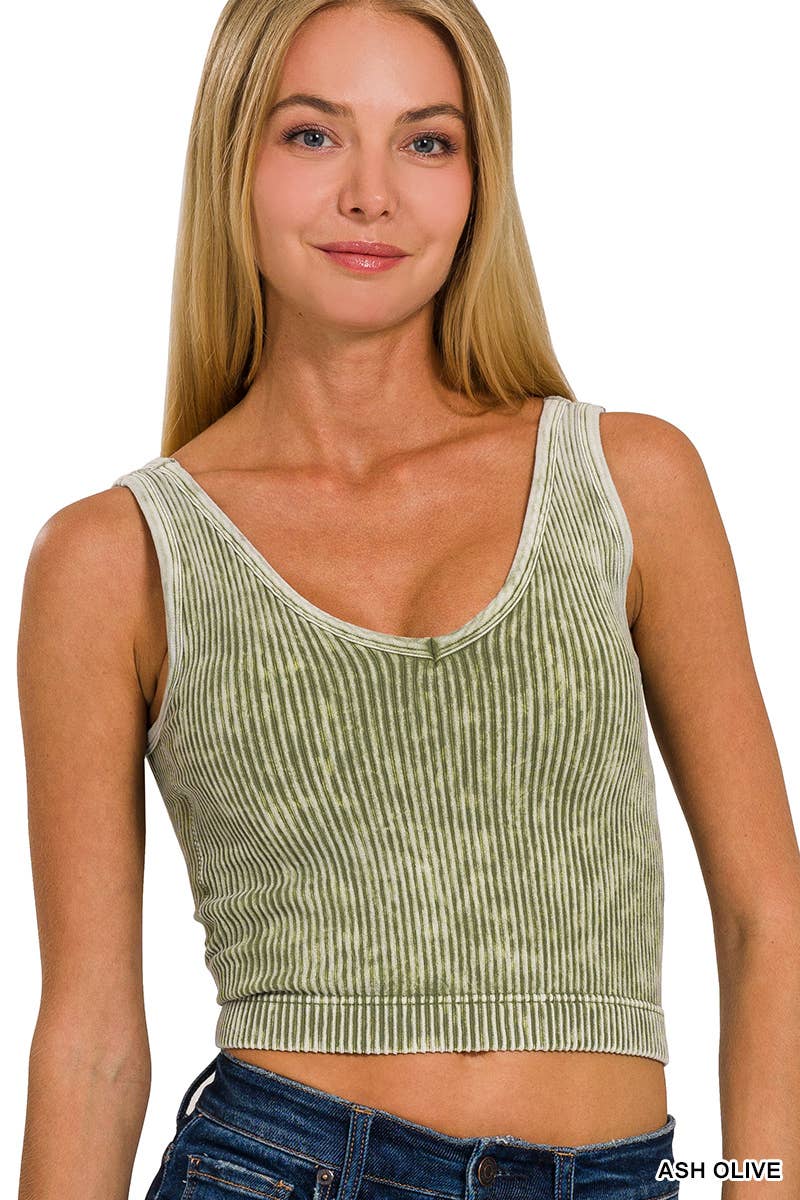 Washed Ribbed Cropped Bra Padded V-neck Tank Top: Black / 3-3 (S/M-L/XL)