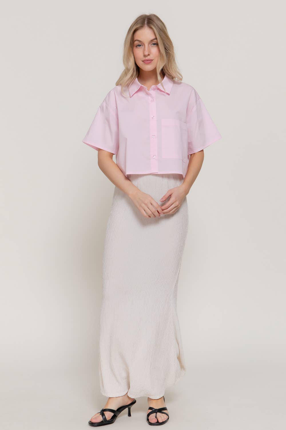 Short Sleeve Button Down Poplin Boxy Woven Shirt: BLU-blue / M