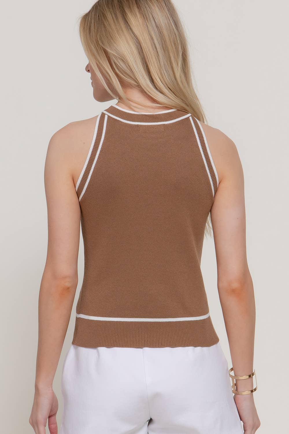 Contrast Stripe Halter Neck Spring Sweater: TEL-jade/white / S
