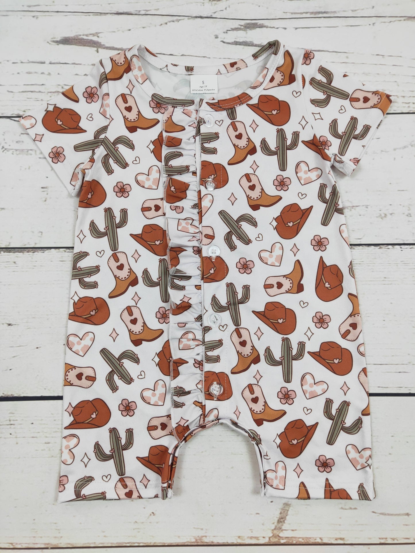Boots Cactus Western Baby Romper With Ruffle: 2T