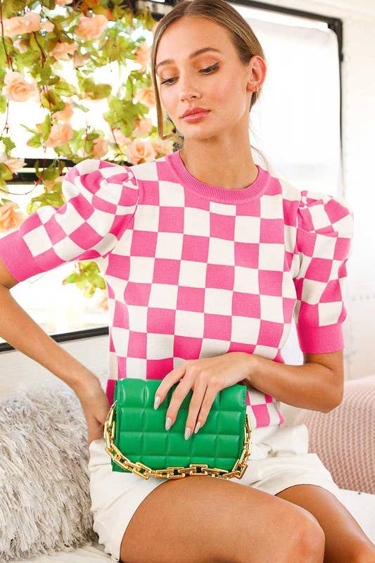 Checkerboard Crew Neck Short Puff Sleeve Sweater