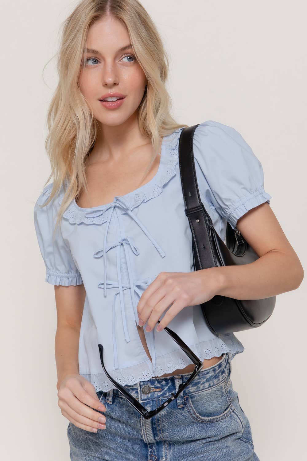Short Sleeve Square Neck Blouse with Eyelet Lace Trim & Tie: WHT-white / S
