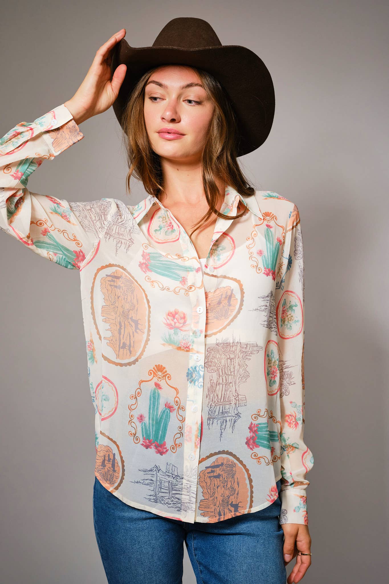 Western Print Chiffon Shirt: MULTI