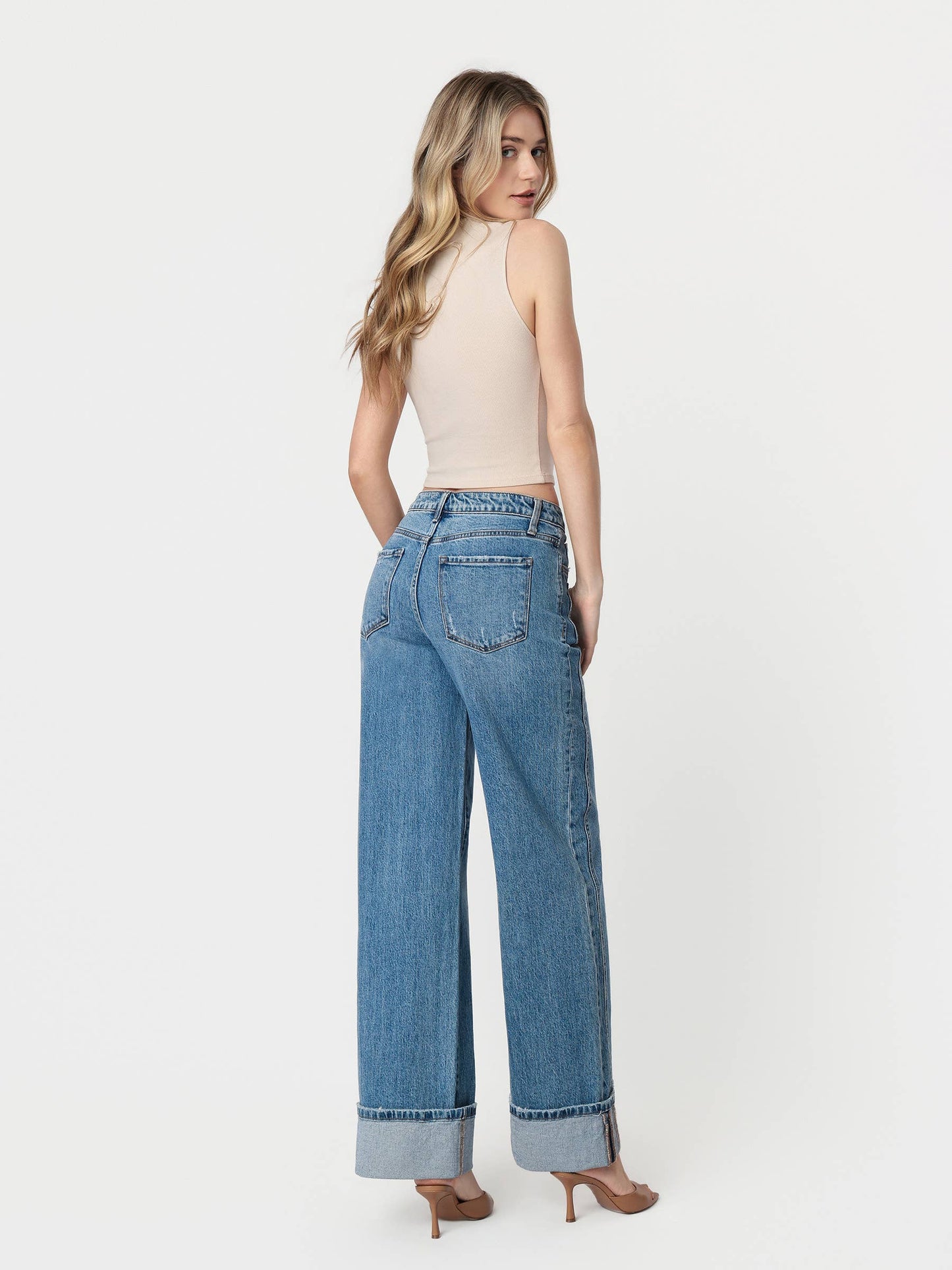 HIGH RISE CUFFED PANEL BAGGY WIDE JEANS T6645: SHINE / 27
