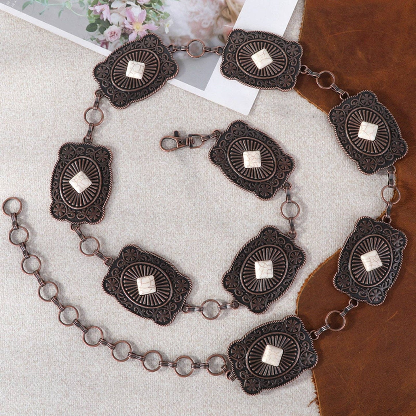 RCB-1039  Rustic Couture Etched Square  Stone Centered Concho Link Chain Belt: White