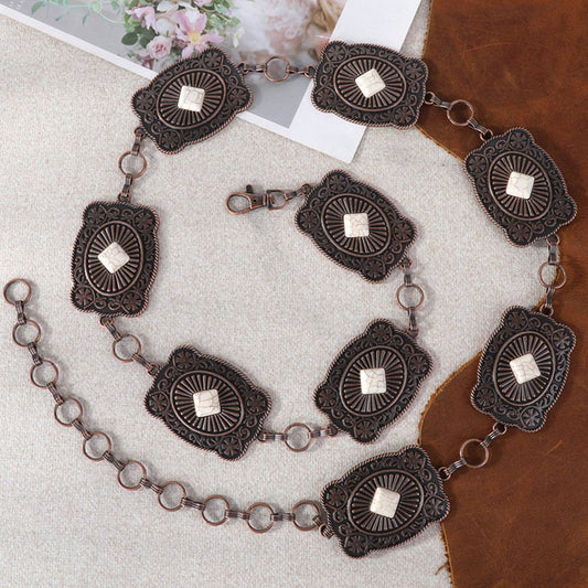 RCB-1039  Rustic Couture Etched Square  Stone Centered Concho Link Chain Belt: White