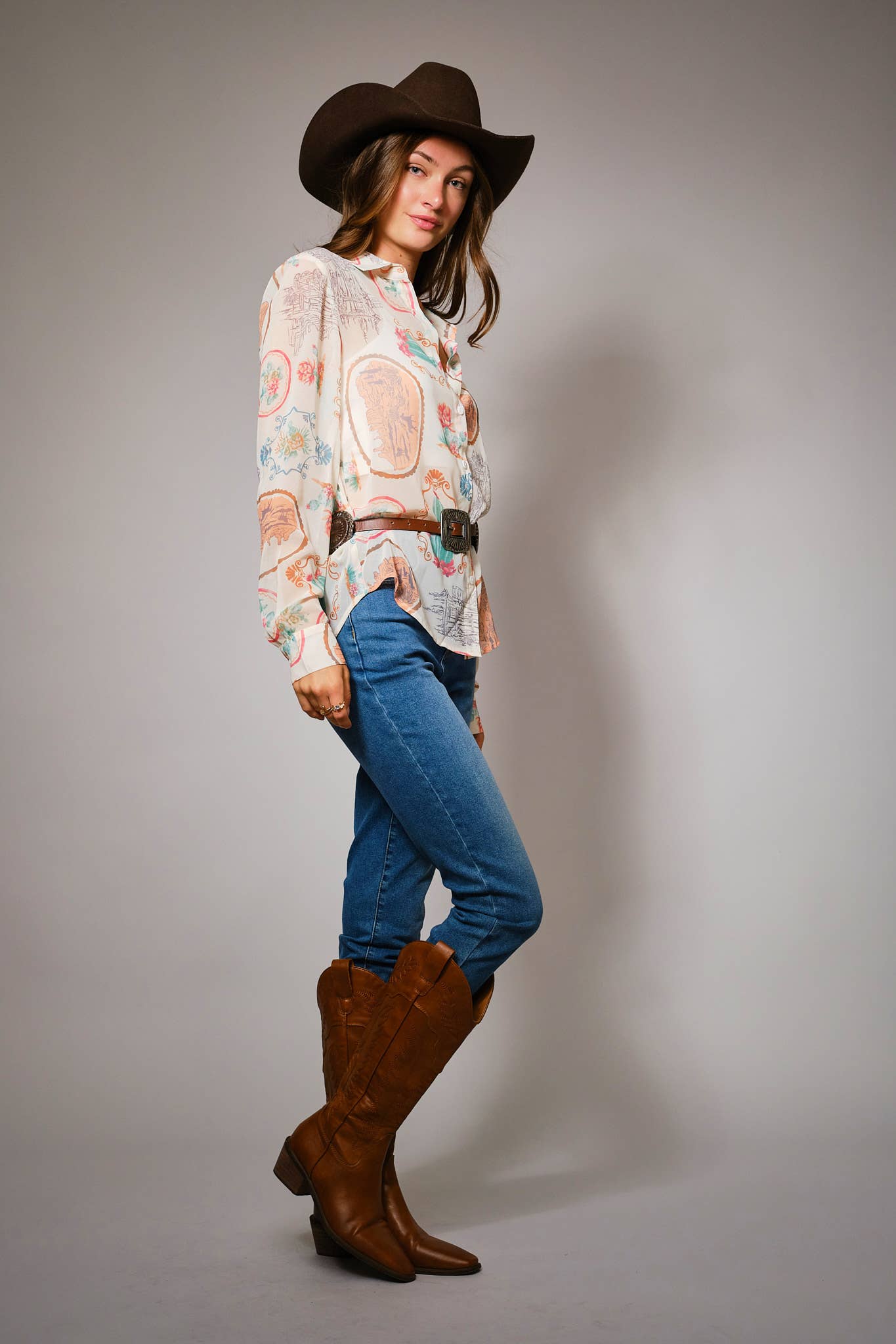 Western Print Chiffon Shirt: MULTI