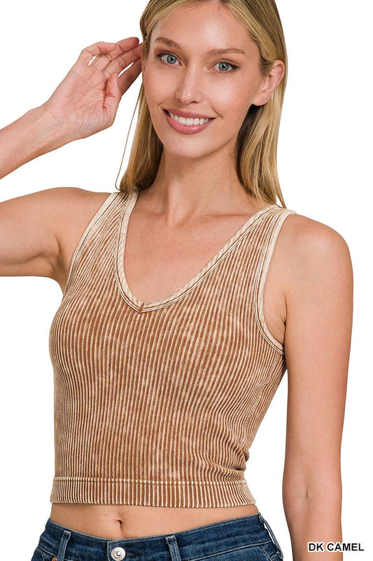 Washed Ribbed Cropped Bra Padded V-neck Tank Top ASH MOCHA