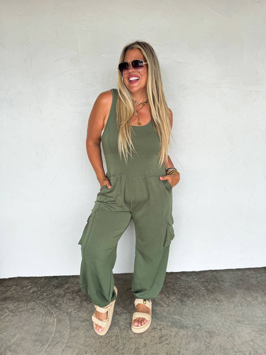 ALL SET TANK ROMPER: OLIVE