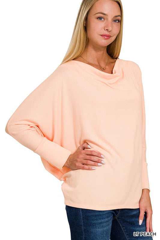 Dolman Sleeve Boat Neck Long Sleeve Top: LT PEACH