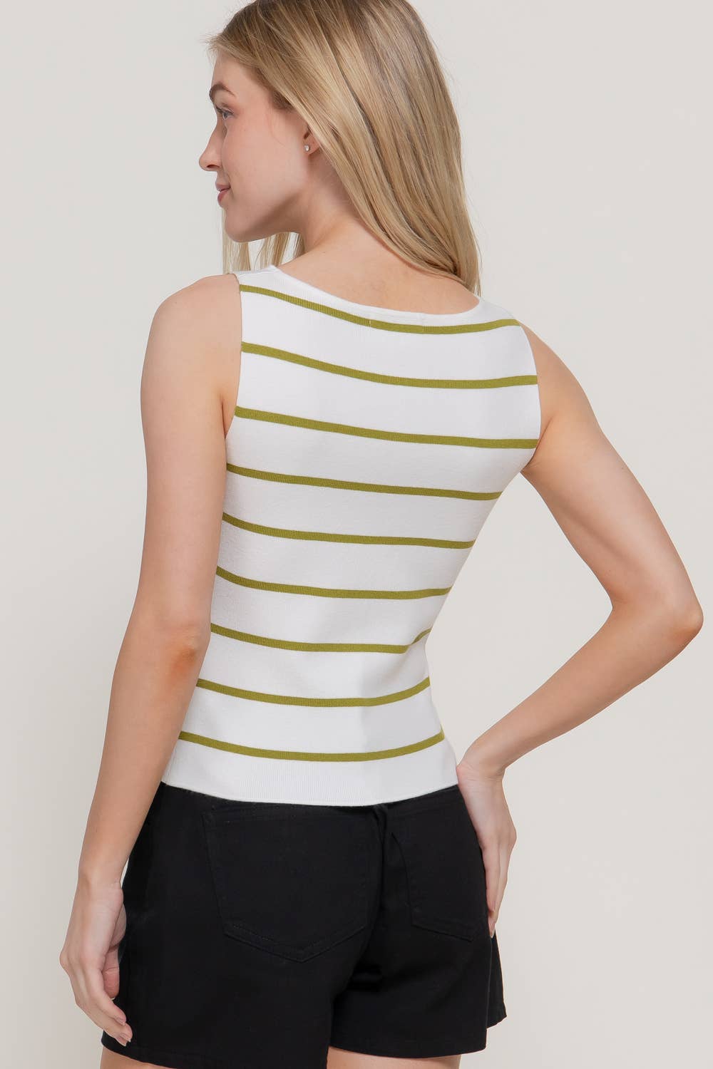 Sleeveless Boat Neck Button Split Stripe Top: KHA-white/khaki / S