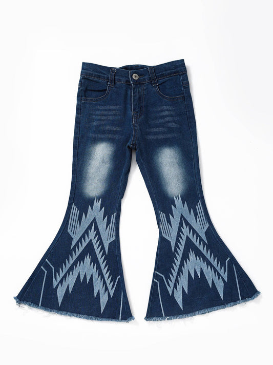 Blue Washed Aztec Girls Western Flare Jeans: 2T