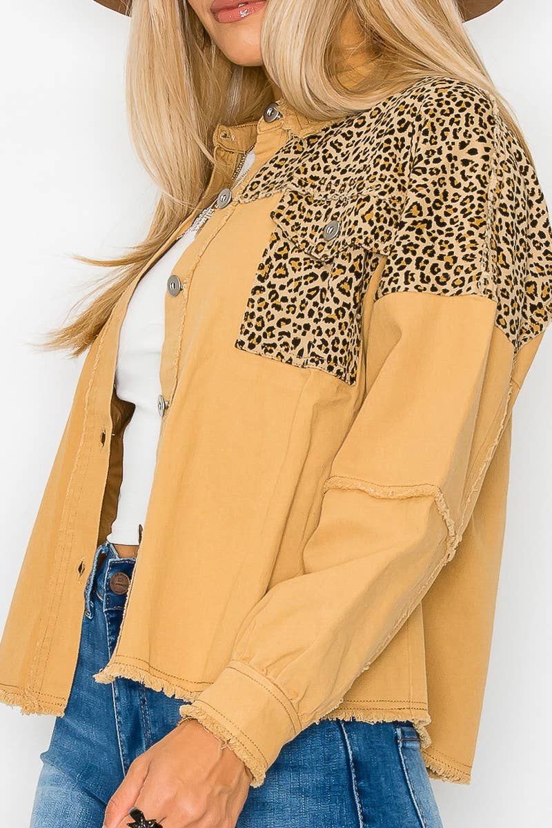 Leopard Contrast  Denim Jacket with Raw edge: Mocha