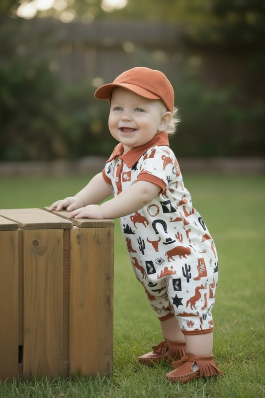 Ivory multi-printed western baby romper with snaps.