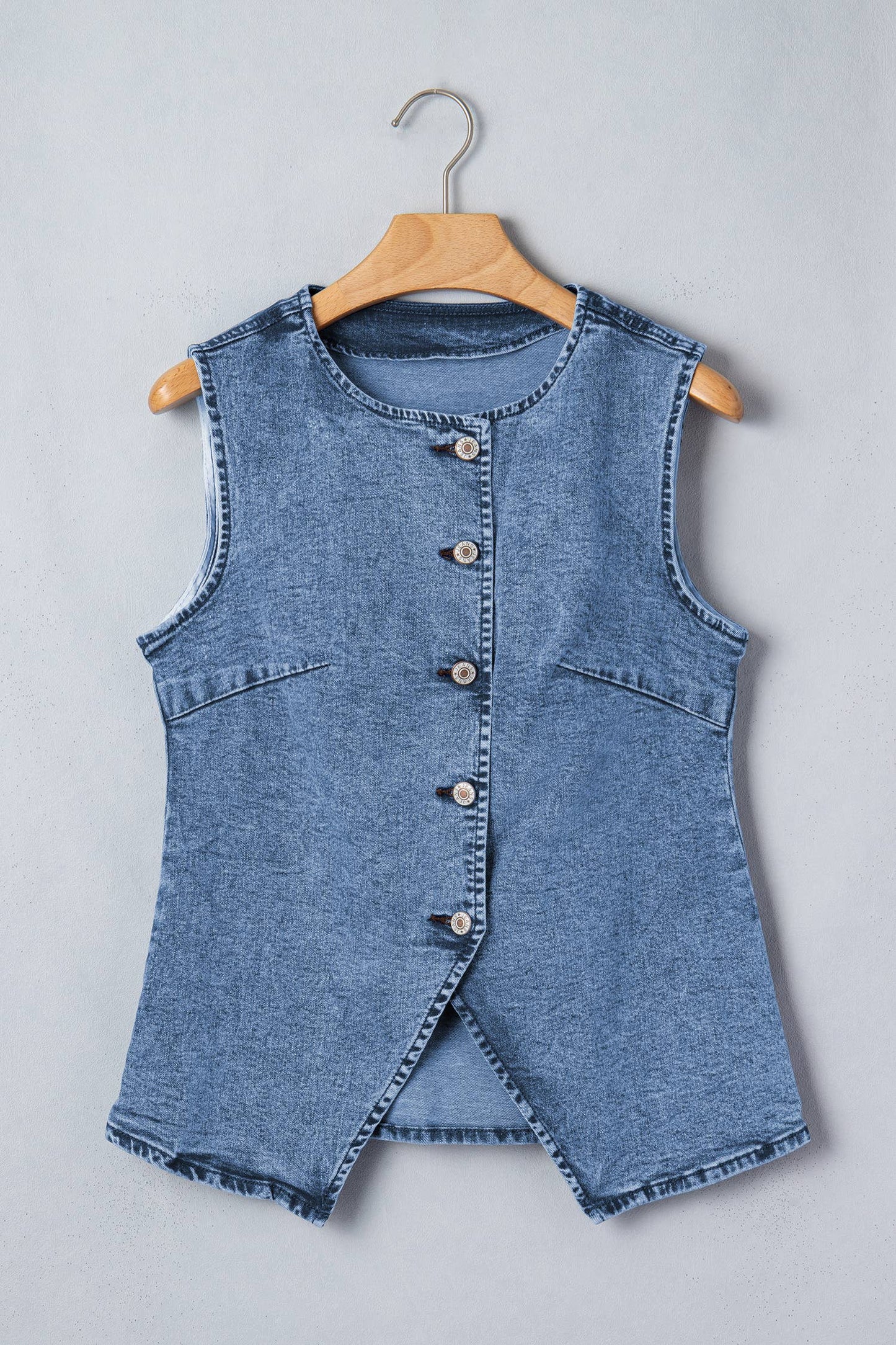 PRETTY BASH Western Denim Button Front Slit Sleeveless Vest: Ashleigh Blue / XL