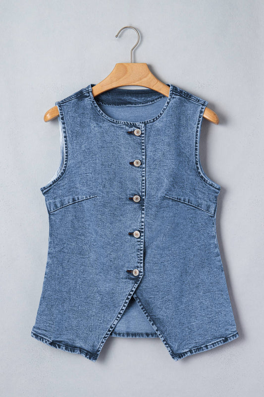 PRETTY BASH Western Denim Button Front Slit Sleeveless Vest: Ashleigh Blue / XL
