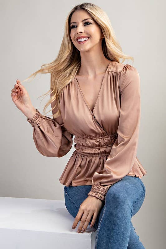 Surplice Shirred Top: Taupe / S