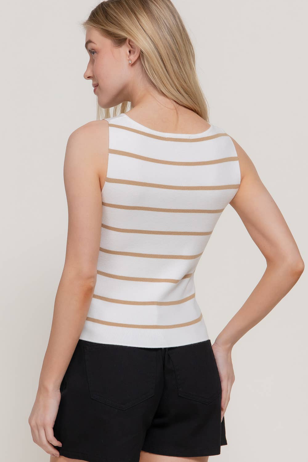Sleeveless Boat Neck Button Split Stripe Top: KHA-white/khaki / L