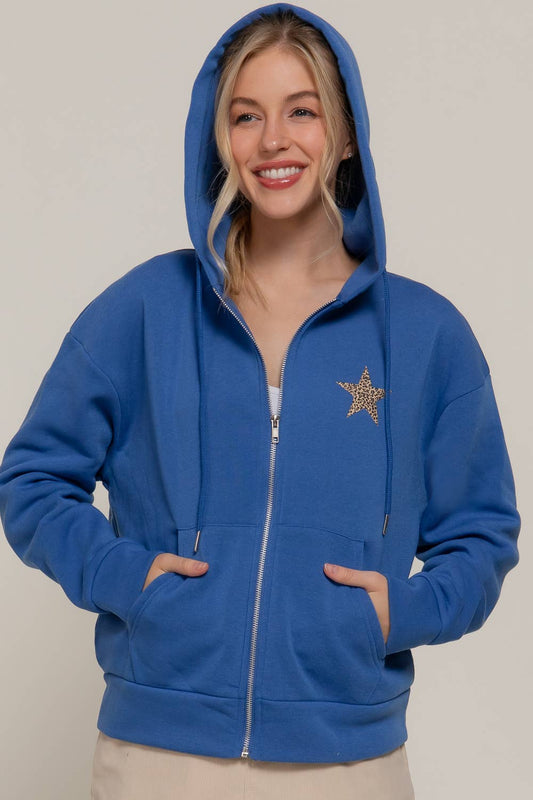 Long Sleeve Front & back Print Zip-Up Hoodie Jacket: BLU-dark blue / S
