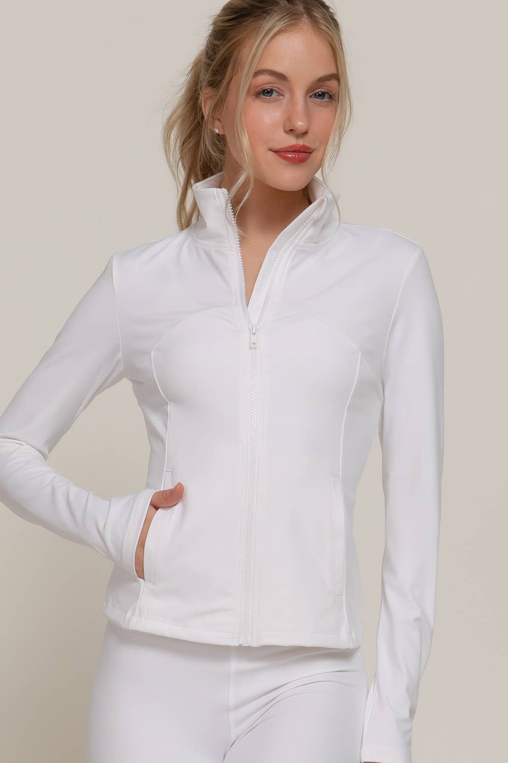 Long Sleeve Mock Neck Seam Detail Workout Jacket: GRN-jade green / S