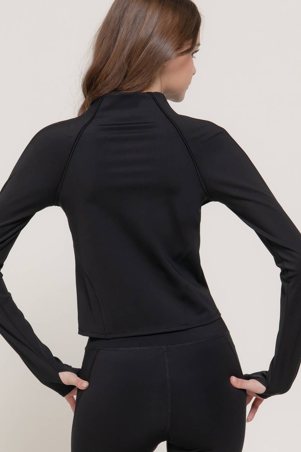 Long Sleeve Mitten Thumb Holes Zip-Up Activewear Jacket