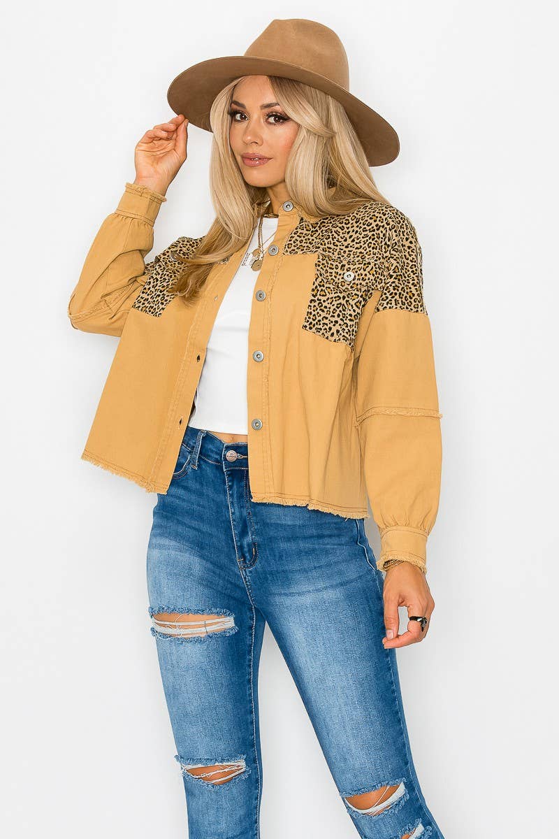 Leopard Contrast  Denim Jacket with Raw edge: Mocha