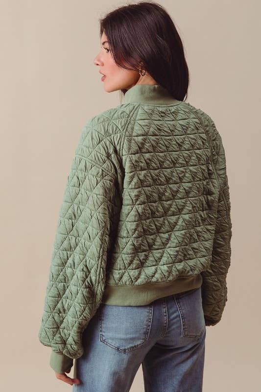 Triangle Quilted Stitch Knit Bomber Jacket: LT OLIVE