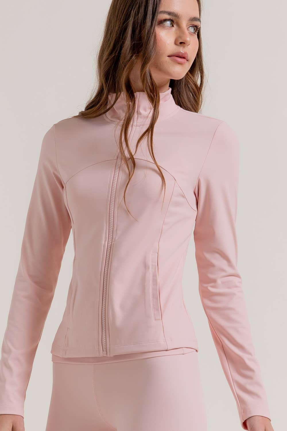 Long Sleeve Mock Neck Seam Detail Workout Jacket: GRN-jade green / S