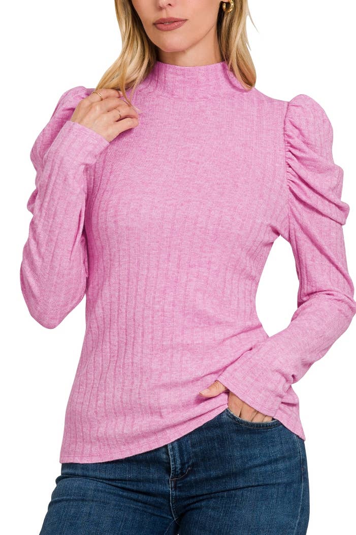 Ribbed Puff Long Sleeve Mock Neck Top: LT GREEN