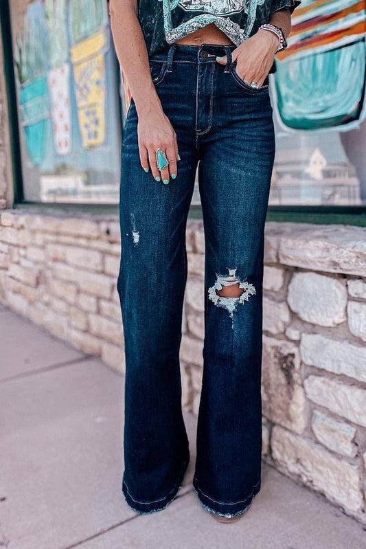 Real Teal High Rise Ripped Boot Cut Bottom Jeans